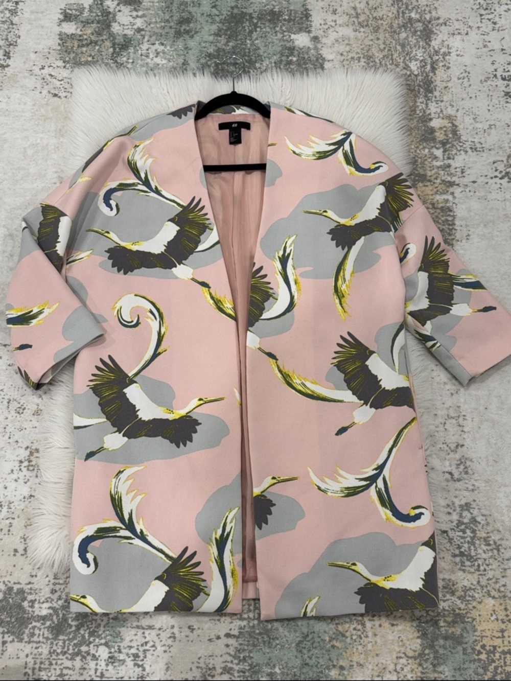 Pink Crane Print Open Front Coat
